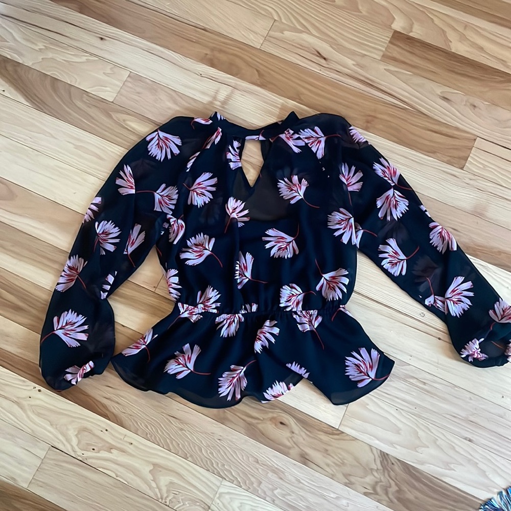 Express Pink Flower Print Black Sheer Blouse